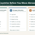 Three country comparison columns labeled strongest practical match, strongest alternative, and useful wildcard, each listing legal path, income viability, startup funding, healthcare continuity, household readiness, and location confidence
